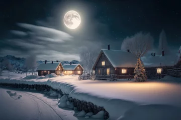 Foto auf Glas Winter in the village, landscape with christmas decorations and big snow © DNY3D