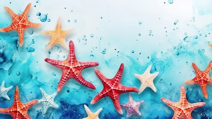 Fototapeta na wymiar vacation and summer concept star fish banner with watercolor turquoise. Generative ai