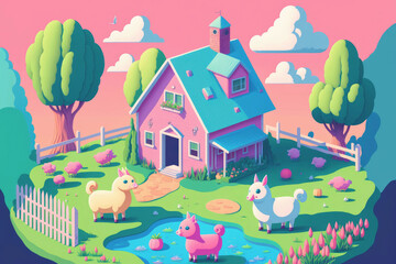 Pink house sitting on top of a green field ,made with Generative AI