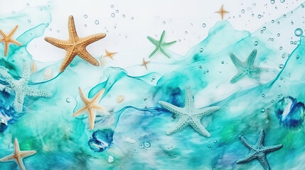 Fototapeta na wymiar vacation and summer concept star fish banner with watercolor turquoise. Generative ai