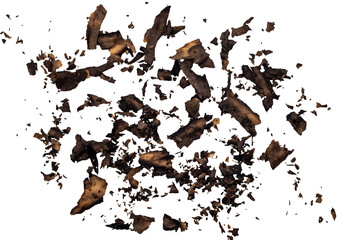 Small pieces of burnt paper on a white background. Ash. burnt paper