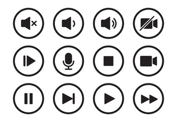Audio, video, music player circle button icon. Sound control, play, pause button solid icon set. Camera, media control, microphone interface pictogram. Vector illustration.