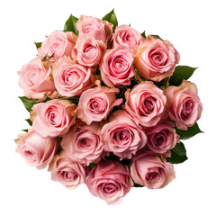 Blumenstrauß mit frischen, hell rosa Rosen in der Draufsicht isoliert auf transparentem Hintergrund für Muttertag, Valentinstag oder Geburtstag