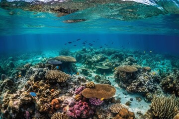 Fototapeta na wymiar A lush natural reef teeming with sea life. Colorful tropical fish of every hue swimming by schools of parrotfish. Sea turtles gracefully gliding through the coral. Generative AI