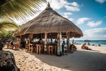 A beachfront bar serving tropical cocktails under a thatched roof. Generative AI - obrazy, fototapety, plakaty