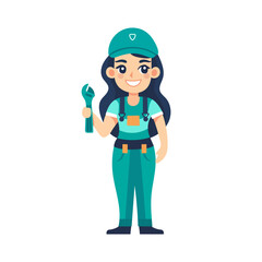 Woman mechanic with a wrench isolate on white background. Mascot of cute girl