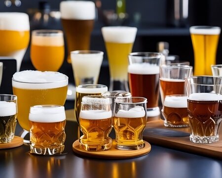 A line of small, sample-sized glasses filled with various shades of beer