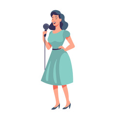 Happy woman singer, rock or pop vocalist wearing dress and singing in microphone
