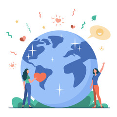 Fototapeta na wymiar Tiny happy women next to healthy planet vector illustration. Cartoon drawing of ecology activists waving and holding heart, healthy Earth. Climate change, environment, nature, love, protection concept