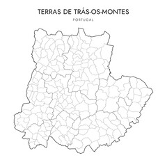 Vector Map of the Subregion of Terras de Trás-os-Montes (Comunidade Intermunicipal) with borders of Districts, Municipalities (Concelhos) and Civil Parishes (Freguesias) as of 2023 - Portugal