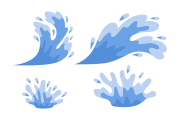 Fototapeta premium Splashes and splatters of blue water vector illustrations set. Collection of cartoon drawings of ocean or sea waves for game or video effects. Texture, liquid, decoration concept