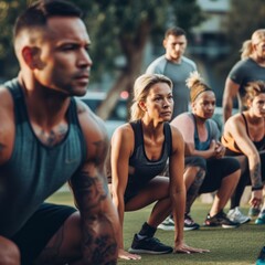 A group of fitness enthusiasts participating in a high-intensity exercise class in outdoor setting. Concept of physical activity and wellness. Generative AI