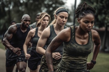 A group of fitness enthusiasts participating in a high-intensity working out together in a outdoor setting. Concept of physical activity and wellness. Generative AI