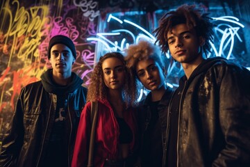 A group of young people posing in front of a neon-lit wall, decorated with colorful graffiti and street art. The image should convey a sense of urban style and creativity. Generative AI