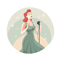Happy woman singer, rock or pop vocalist wearing dress and singing in microphone