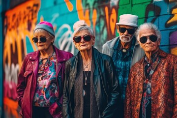 A group of extravagant elder people with retro punk outfits posing in front of a neon-lit wall, decorated with colorful graffiti and street art. Generative AI