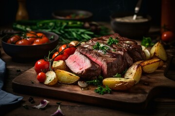 Juicy grilled beef with roasted potatoes and fresh veggies. Generative AI