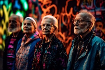A group of extravagant elder people with retro disco outfits posing in front of a neon-lit wall, decorated with colorful graffiti and street art. creativity.Generative AI