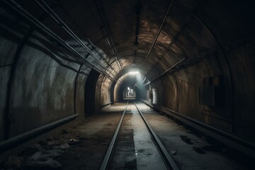 A concrete vaulted tunnel found in an abandoned location like a bunker, mine or subway. Generative AI