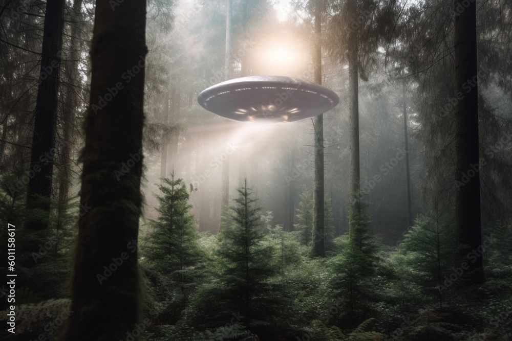 Aufkleber a flying object in the middle of a forest. generative ai image.