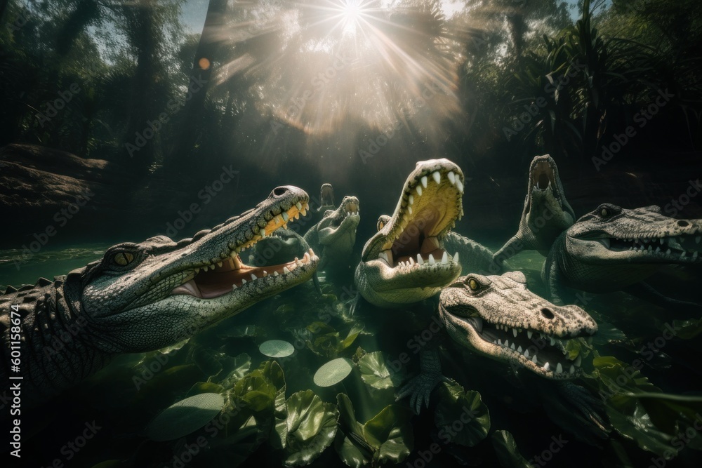 Poster a group of alligators in the water with their mouths open. generative ai image.