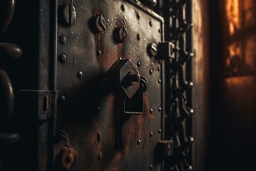 Close-up of rusted locked prison door in dark interior. Digital 3D art. Generative AI