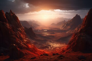 Illustration of a red sky mountain canyon landscape on Mars, with a science fiction vibe. Generative AI