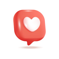 Like icon 3d vector illustration. Heart symbol in red bubble for social media or applications in cartoon style isolated on white background. Online communication, digital marketing concept