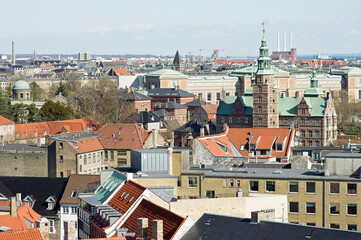 Aerial cityscape of the skyline of the center of Copenhagen with Rosenborg castle in Denmark