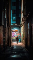 Naklejka na ściany i meble A person walking down a dark alley way. Generative AI image.