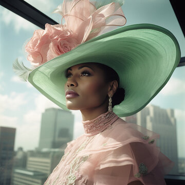 Beautiful woman in high society wearing a fancy hat at a horse race. 