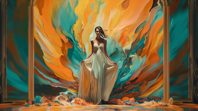 Abstract art with paint surrounding beautiful woman wearing long flowing dress