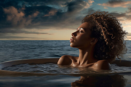 Black woman with curly hair in a tub of water in the middle of the ocean