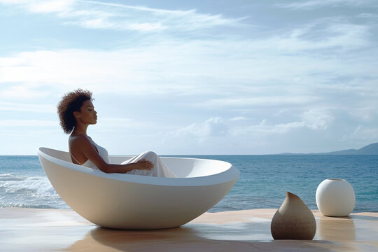 Young black woman relaxing in a tub chair on deck overlooking ocean water. 