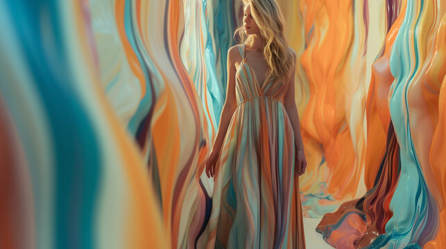 Abstract art with paint surrounding beautiful woman wearing long flowing dress