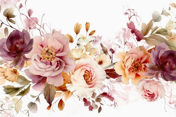 A colorful floral border with a watercolor background. Abstract watercolor flowers art background
