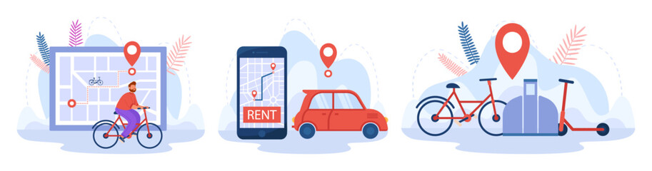 Urban transport rental vector illustrations set. Cartoon drawings of man riding bicycle, car and phone with map and word rent, electric scooter charging station. Transportation, mobility concept © PCH.Vector