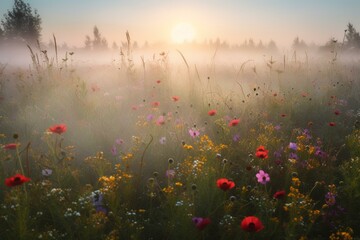 A misty sunrise illuminates a meadow of vibrant wildflowers. Generative AI
