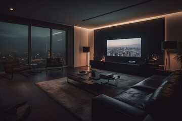 A spacious living room displays a huge flat-screen TV as the night falls. Generative AI