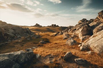 Fototapeta na wymiar Skyline of rocky fields. Generative AI