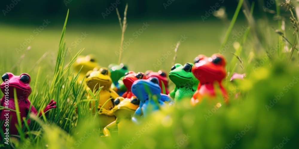Aufkleber a group of toy frogs in a field of grass. generative ai image.
