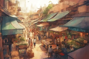 Fototapeta na wymiar Digital artwork of a bustling marketplace in watercolor style. Conceptual 2D illustration. Generative AI