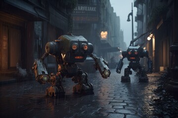 Digital art of robots in abandoned city street with rain. Generative AI