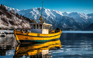 a boat on the water in front of snowy mountains