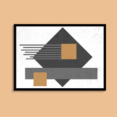 Abstract minimalist wall art in white, gray, black, orange colors. Simple line style. Orange and gray geometric shapes. Modern creative pattern.