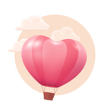 Pink hot air balloon 3d vector illustration. Heart-shaped aircraft in sky in pink circle in cartoon style isolated on white background. Valentine's day, love, relationship concept