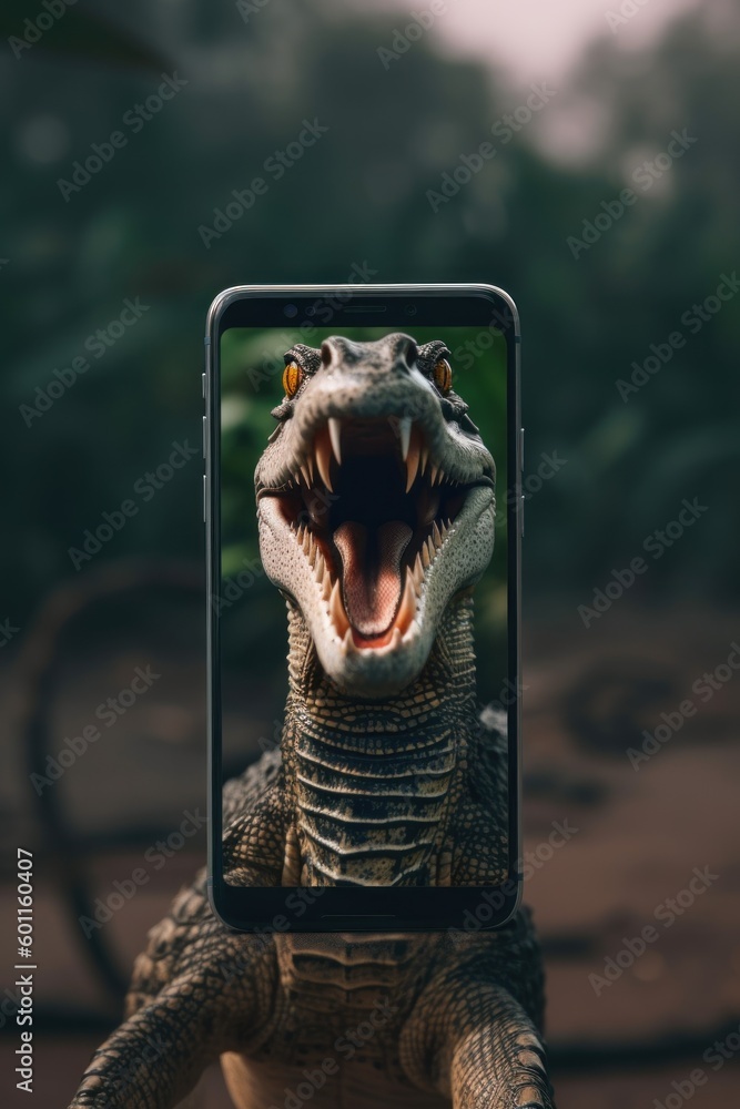 Poster a close up of a cell phone with an alligator on it