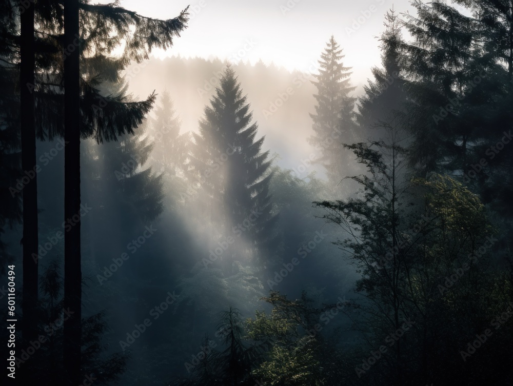 Poster the sun is shining through the trees in the forest. generative ai image.