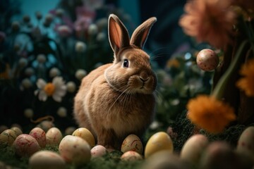 Fototapeta na wymiar Adorable Easter bunny holding eggs surrounded by pretty flowers on a green backdrop. Generative AI