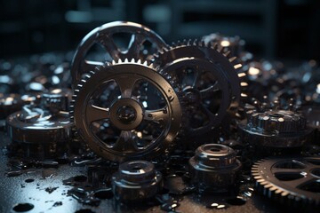 3D metallic gears and cogs, a conceptual image. Generative AI